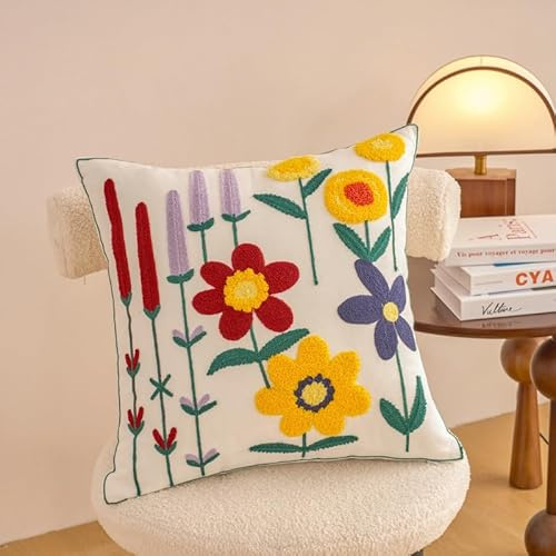 FONDUO Blumen Kissenbezug Frühling 45x45 Boho Kissenbezüge mit Stickerei für Home Decor Frühling Kissenhülle Florales für Kissen Blumenkissen Dekokissen Kissenbezug für Sofa Wohnzimmer Zierkissen (C)