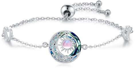 REDSUN Bracelet en pierre de lune pour femme et fille en argent sterling 925 avec cristal rond et lune celtique