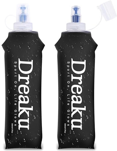 Dreaku Soft Flask Running Water Bottle, 2PCS TPU Collapsible Running Water Pouch with Dusty Cover for Running Vest, Portable Folding Running Essentials for Hiking Cycling Climbing (Black, 500ml)