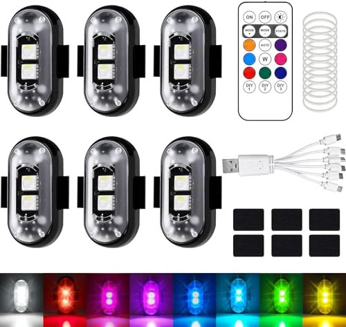 LIAVOP 6 Pezzi Luci a LED Senza Fili, Luci anticollisione per Auto Impermeabili a 8 Colori con Telecomando, Lucis Lampeggianti Ricaricabili USB Per Auto, Drone, Camion, Moto
