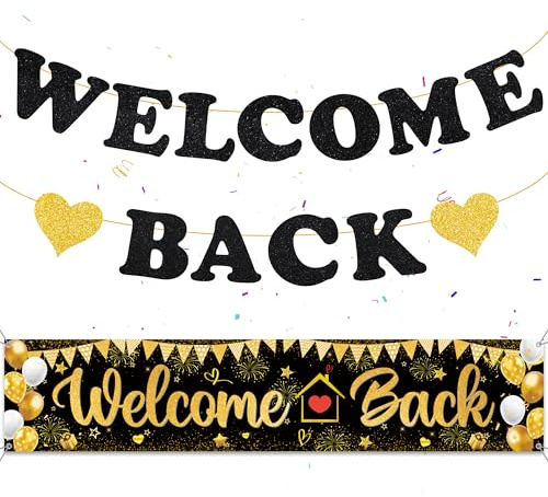 Willkommen Zuhause Hintergrund Banner Deko - Schwarzes Gold Welcome Back Banners Girlande Dekorationen Indoor Outdoor, Lange Welcome Home Backdrop Banner für Heimkehr Familie Rückkehr Familienfeiern