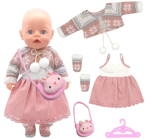 Puppenkleidung für 30–40 cm Babypuppen, 5 Stück Süßes Puppen Kleidung, Mantel, Puppenkleider, Socken, Kleiderbügel, Kleiner Häschen-Plüschtasche, Puppenzubehör Geburtstagsgeschenke für Mädchen (Rosa)