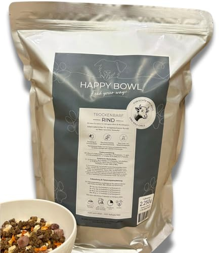 Happy Bowl - Trockenbarf Rind - 2,25kg-Beutel - Alleinfuttermittel für Hunde auf Basis natürlicher Inhaltsstoffe - Trockenfutter, Nassfutter oder Barf-Ersatz