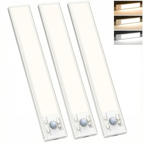 slochi Schranklicht mit Bewegungsmelder, Dimmbare Unterbauleuchte Küche, 3 Farbe-3000K/4000K/6500K, USB-C Akku, 3 Modi, Magnetische LED Lichtleiste für Schrank, Regal, Treppe, Flur, 20 cm,3 Stück