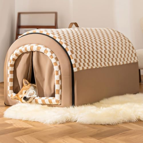 Yinghesheng Kuschelhöhle Hundehöhle Katzenversteck mit Vorhängen, Hundehütte Indoor, Hundehaus für Drinnen mit Tragegriff, Waschbare Polsterung für kleine Hunde und Katzen,50x40x35cm