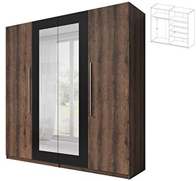 Furniture24 Drehtürenschrank mit Spiegel Vera - 20 Modernes Garderobe, Schrank, Elegantes Kleiderschrank, 4-türig Schlafzimmerschrank mit 5 Einlegeboden und Kleiderstange (Monastery Eiche/Schwarz)