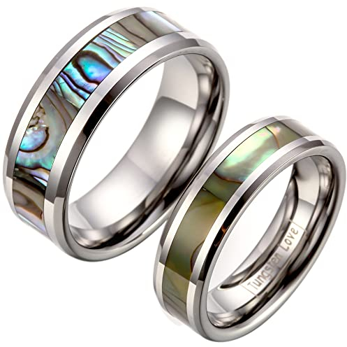 JewelryWe Schmuck 1 Paar Wolfram Wolframcarbid Glänzend mit Abalone Muscheln Inlay Partnerringe Freundschaftsringe Eheringe Trauringe Verlobungsringe Band, Silber