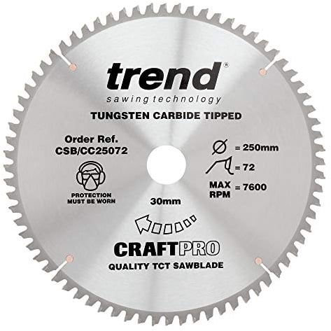 Trend Wood Mitre Saw Blade, 250mm Diameter, 30mm Bore, 72 Teeth, 3mm Kerf, -5° Hook, TCT, Extra-Fine Finish, CSB/CC25072