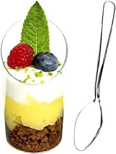 DLux Dessert Cups with Spoons, 75 ml 32 Pcs - Clear Plastic Parfait Appetizer Cups, Slanted Round Reusable Shot Glass Bowl for Party Desserts Appetizers - with Recipe Ebook