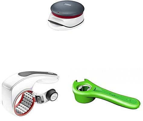 Zyliss Burger Press with Adjustable Thickness with 5 Way Bottle Opener and Acid Etched Rotary Fine-n-Coarse Drum Grater