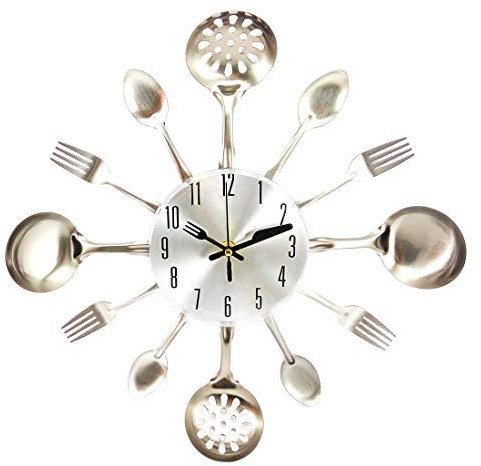 LVPY Orologio da Parete, Moderno Silenzioso Stile con Posate da Cucina Decorazione a Muro per Casa - Argento