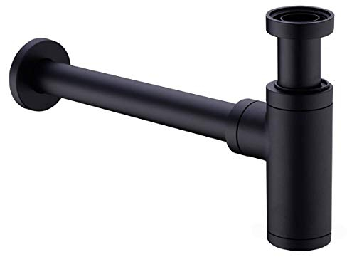 Brass Bottle Trap 1 1/4, Round Decorative P-trap, Adjustable Waste Traps Plumbing Drain Tube for Bathroom Sink Basin Vessel, Matte Black