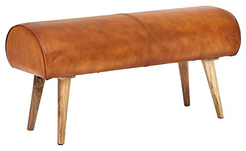 FineBuy Sitzbank Echtleder/Massivholz Bank 100x53x40 cm, 2er Polsterbank Flur Springbock Braun, Kleine Bettbank Leder, Dielenmöbel Flurbank