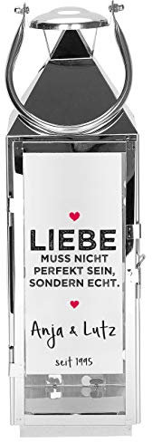Herz & Heim® Hochzeits-Laterne mit Aufdruck - Motivwahl - personalisiert mit Namen und Datum 40 cm Edelstahl Echte Liebe