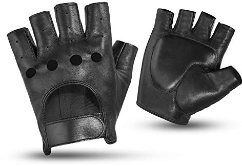 KEMIMOTO Fingerless Gloves Motorcycle Driver Gloves Sheepskin Leather for Men Motorbike Riding Driving Half Finger Unlined Glove for Men Women Black Large