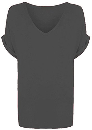 WearAll Women's New Plus Size Womens Short Turn Up Sleeve Baggy Plain Top Ladies V-Neck T-Shirt Charcoal 20-22