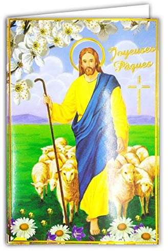 62-1010-A Karte Frohe Ostern in Gold glänzend und Umschlag weiß – Kreuz katholische Religion Jesus Christus guter Hirte Hirte Lamm Schafe Herde Blumen Party Frühling