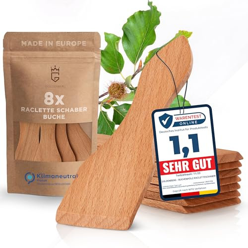 Das ausgezeichnete GOLDENBERG® Raclette Schaber Buche geölt - 8er Set Raclette Spachtel - Raclette Zubehör aus Europa - Raclette Schieber - Holz Spachtel Raclette - Raclette Holzschaber