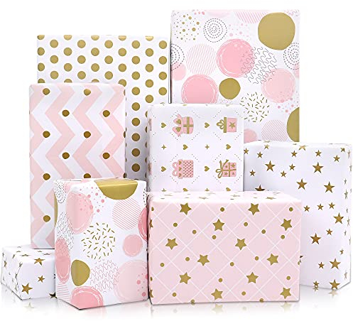 12 Rosa Geschenkpapier Geburtstag, 6 verschiedene Designs Geschenkpapier Set für Frauen Mädchen, Rosa und Gold Geschenkverpackung Papier für Geburtstag, Valentinstag Hochzeit Party, 50cm X 70cm
