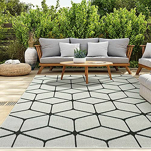 VIMODA Teppich Rauten Muster In- und Outdoor Tauglich Robuster Flachgewebe 100% Polypropylen Weiß, Maße:60x100 cm