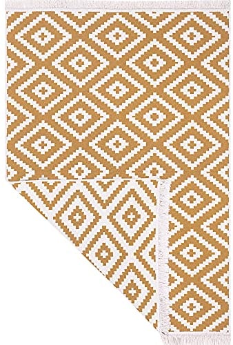 Fashion4Home Teppich Läufer - Tepiche für Wohnzimmer, Schlafzimmer, Küche, Kinderzimmer, Badezimmer - Boho Kelim - Läufer Flur, Trio-Gold-Weiß, Größe: 140x200 cm