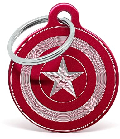 PERDIDUS Placa para perro personalizada CAPITAN AMERICA. Grabado del nombre y teléfonos. (32 mm, Rojo)