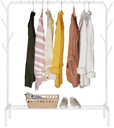 edihome, Stand Appendiabiti, 118 x 148 x 39 cm, Vestitore, Appendiabiti da Terra, Resistente, Metallico, con Supporto per Scarpe (Bianco)