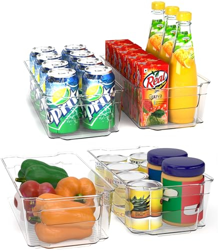 KICHLY Stackable Fridge Organisers - Set of 4 Storage Containers with Handles - Multipurpose Organizer Boxes For Kitchen, Fridge, Cupboard, Snacks, Cans, Tins, Pantry, Under Sink - BPA Free - Clear