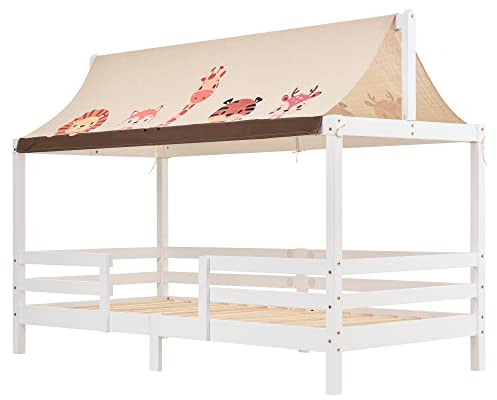 GBHJJ Kinderbett Hausbett 90X200 cm, Kinder Einzelbettrahmen Haus KinderzimmermöBel mit Dachhimmel, Kleinkinderbett, Einzelbettrahmen für MäDchen Und Jungen In Weiß