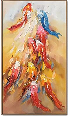 Ölbilder Auf Leinwand Handgemalt,100% Handgemalte Extra Große Kunstwerke, Abstrakte Koi Bunte Kunst Ölgemälde Auf Leinwand Wandkunst Rahmenloses Bild Für Wohnzimmer Dekoration,60X120Cm(23.6X47.2