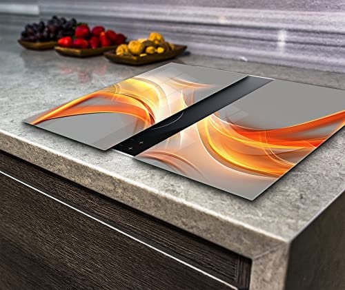 Hob Cover , Chopping Board, Toughened Glass, Orange Waves on The Gray Background, Set of 2 , Va Art Glass (2X Wide 30 x Height 52/cm)