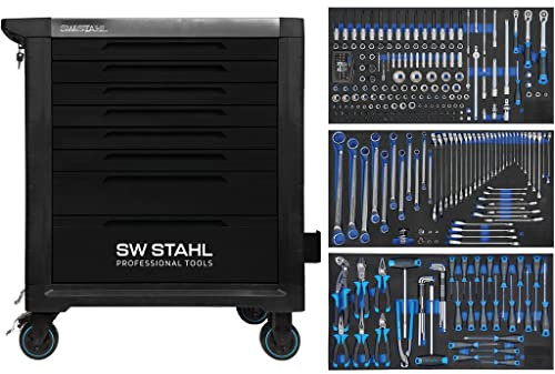 SW-Stahl Z3209 Profi Werkstattwagen TT802 schwarz I 8 Schubladen I 3 Schubladen gefüllt I 304 teilig I Werkstatt Rollwagen mit Werkzeug bestückt I Twin-Lock I Werkstattwagen kit I voll ausgestattet