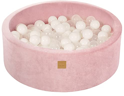 MEOWBABY Piscine à balles pour bébé - Ronde 90 x 30 cm - avec 200 balles - en Velours - Rose poudré - Blanc/Transparent