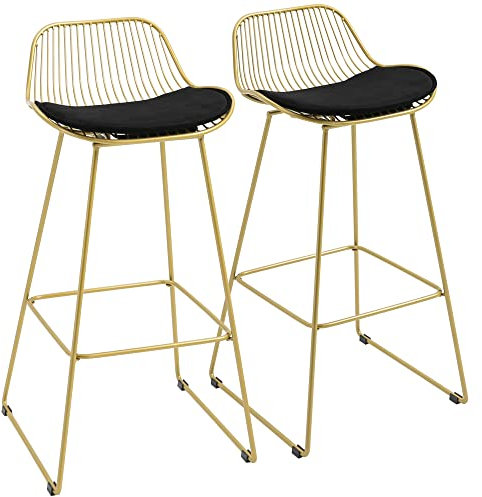 HOMCOM Lot de 2 tabourets hauts de cuisine avec dossier et coussin, structure en acier et repose-pieds Charge 120 kg Doré
