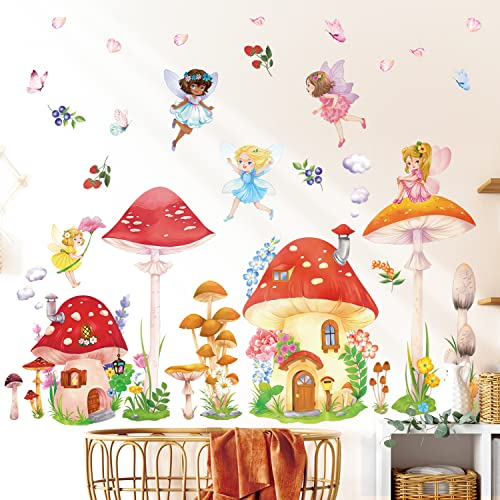 DECOWALL DS12-8075 Wandtattoo Pilze Feen Wandaufkleber Elfen und Feen Wandsticker Kinderzimmer Babyzimmer Schlafzimmer Wanddeko Mädchen