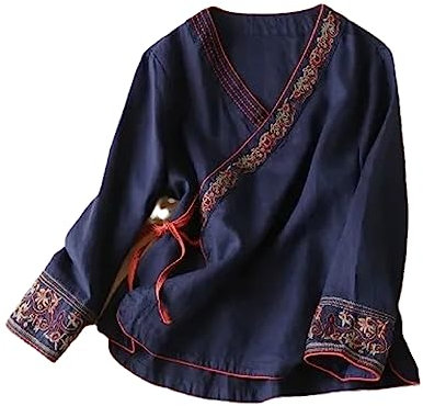 Estilo Étnico Chino Vintage Algodón Suelto y Lino Mujer Inclinado Bordado Top Hanfu Té Antiguo Ropa Zen Azul Marino 3XL