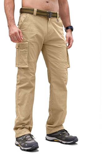 Cindeyar Cargohose Herren Relaxed Fit Baumwolle Wanderhose Herren Casual Arbeitshosen Männer Outdoor Militär Taktische Hosen mit Multi Taschen(Khaki,XXL)