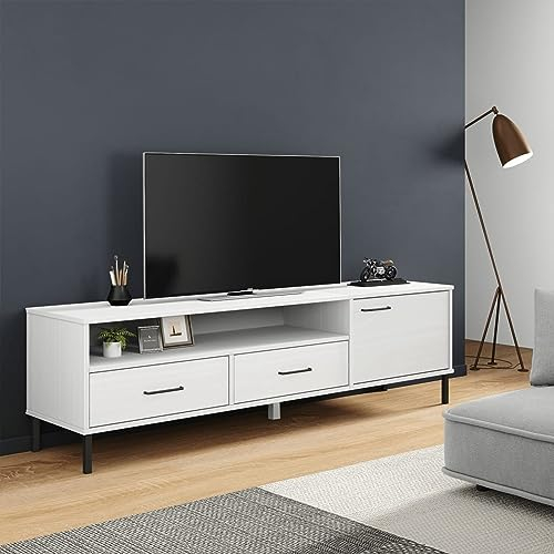 ZEYUAN TV-Schrank Oslo mit Metallbeinen, Tv Board, Tv Lowboard, Tv Tisch, Fernsehschrank, Fernsehtisch, Kommode, Sideboard Wohnzimmer, Tv Sideboard, Weiß Massivholz Kiefer
