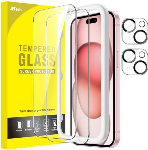 JETech Protector de Pantalla para iPhone 15 6,1 Pulgadas y Protector Lente Cámara, Marco de Instalación Fácil, Cristal Vidrio Templado, HD Transparente, 2 Paquetes Cada Uno