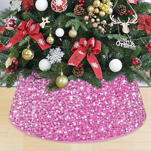 MODFUNS Rosa Weihnachtsbaum-Halsband, 60 cm, Pailletten-Samt, Baumrock, glänzend, Weihnachtsbaumsockel, Pailletten-Weihnachtsbaum-Rock, Box für Neujahr, Weihnachten, Party, Baumschmuck
