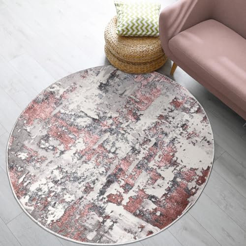 renoazul® Washable Non Shed Jute Backing Circular Rug, 120 x 120 cm, 3 ft 11 in x 3 ft 11 in, Abstract Pink, Soft Pile Turkish Door Carpets for Lounge, Garden, Patio, Sitting and Hall