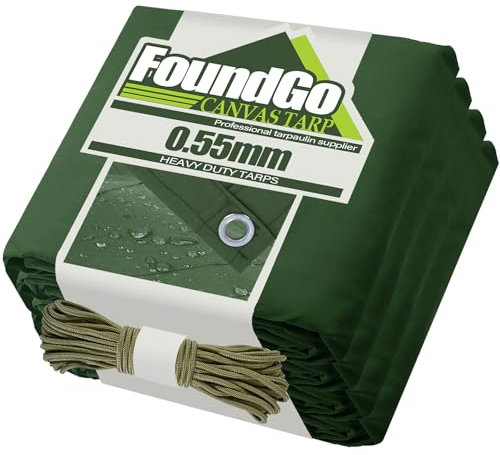 FoundGo Canvas Tarp 2x3m, 0.55mm/22 mil Canvas Tarpaulin Heavy Duty Water Resistant with Reinforced Grommets, Green Tarpaulin Cloth Covers for Car, Roof, Boat, Camp, Canopy with Ropes