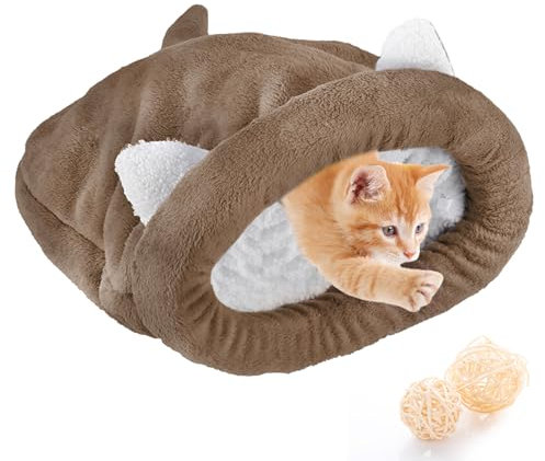 NCONCO Katzenschlafsack, Haustierbett, Katzen-Schlafsack, warm, gemütlich, überzogen, selbstheizend, kuschelig, halb bedeckt, Höhle für Katzen, Welpen (Kaffee, M)