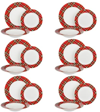 KASANOVA Servizio piatti 6 persone tartan rosso filo oro, servizio piatti 18 pezzi, set piatti moderni, piatti porcellana, Multicolore