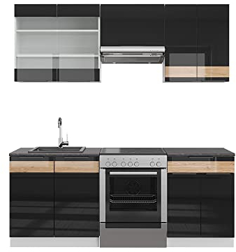 Vicco Küchenzeile Fame-Line, Schwarz-Eiche Hochglanz/Weiß, 200 cm, AP Anthrazit