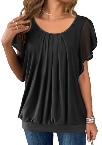 Zeagoo Womens Blouses Batwing Sleeves Mesh Ladies Tops Double-Layered Tunic Tops Loose Flowy Shirts Black m