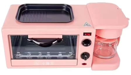 ZYJIX 3 In 1 Breakfast Maker Station - Multifunction Machine With Mini Toaster, Electric Oven, Frying Pan & Egg Sandwich Maker For Breakfasts(Color:Pink)