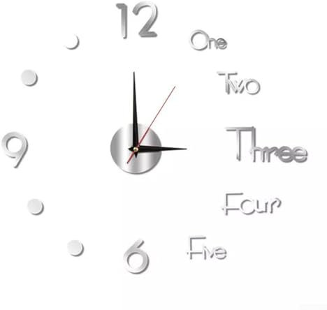 Reloj de pared elegante y silencioso, adhesivo grande de espejo, decoración moderna para el hogar (plateado)