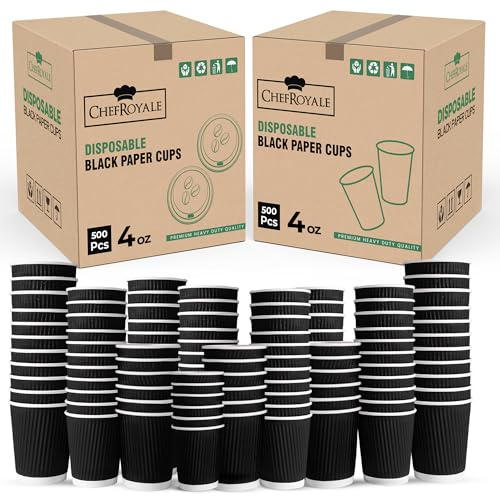 CHEF ROYALE 500x 4oz - Black Premium Kraft Triple Walled Disposable Coffee Cups Without Lids Paper Ripple Cups