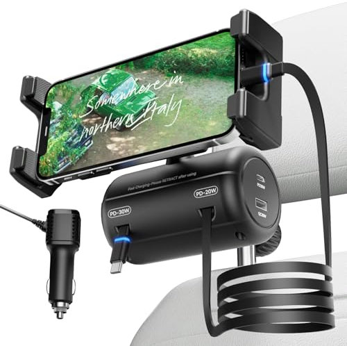 OHLPRO Retractable Chargeur Voiture Appui-tête, Chargeur de Voiture 6 en 1 à Charge Ultra Rapide Adaptateur, Siège Arrière Câble Rétractable pour iPhone 16 15 iPad Galaxy S23